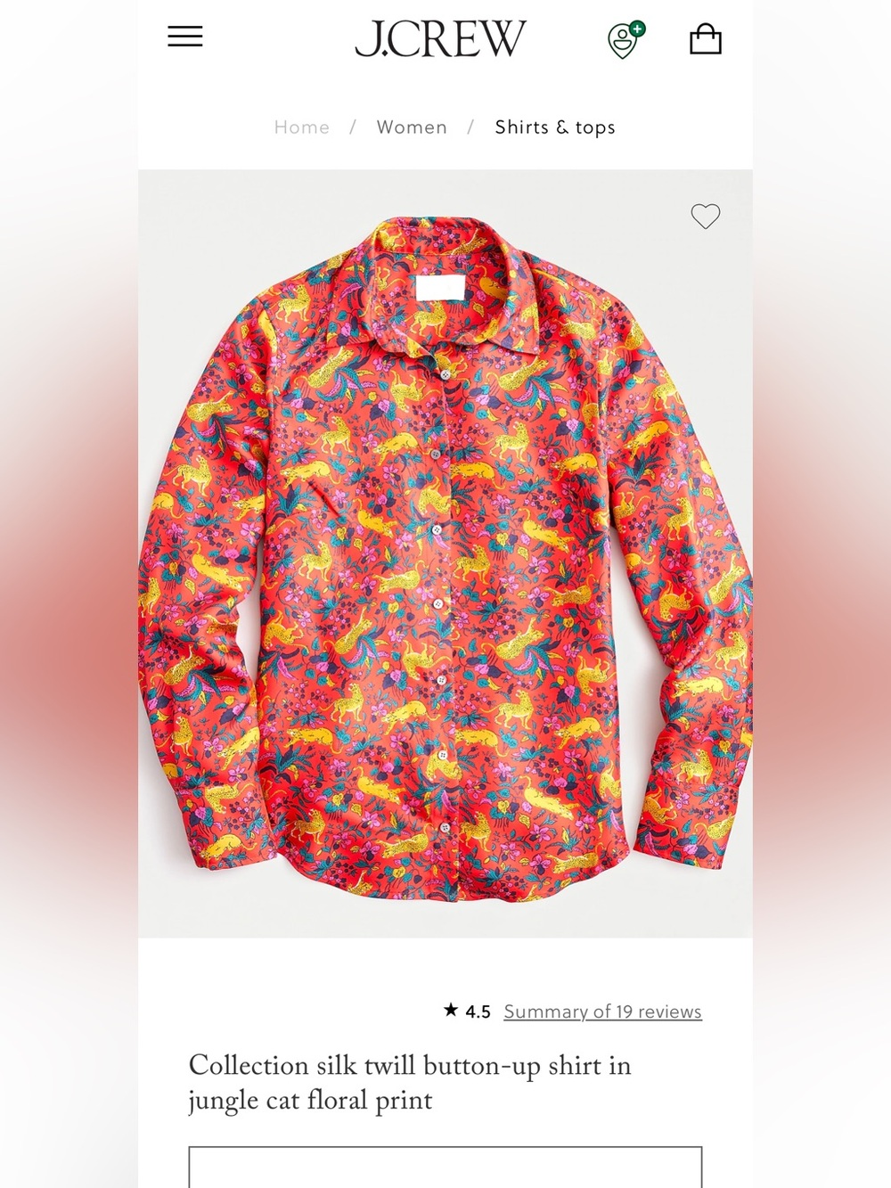 J. Crew Collection silk twill button-up shirt in jungle cat floral print, size 6